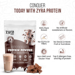 Zyra pea protein chocolate texture close-up emphasizes creamy mix.