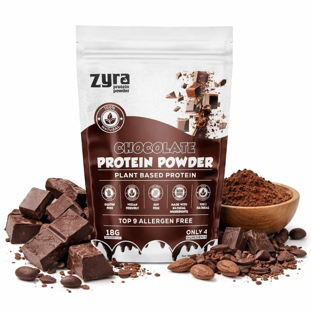 Zyra pea protein chocolate tub shown for vegan daily nutrition.