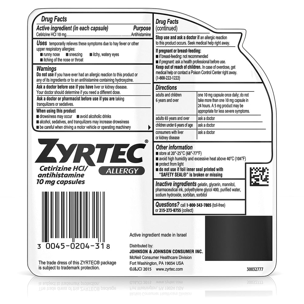 Label confirms cetirizine HCl 10 mg per capsule.