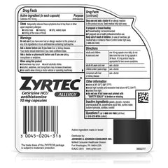 Label confirms cetirizine HCl 10 mg per capsule.
