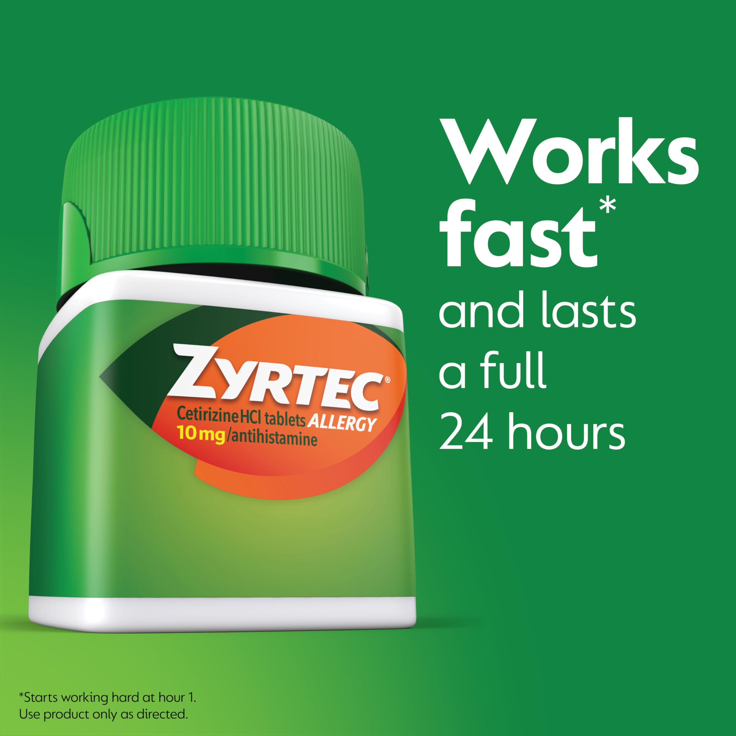 Zyrtec 10 mg cetirizine tablet closeup showing easy-to-swallow dose for ages 6+.