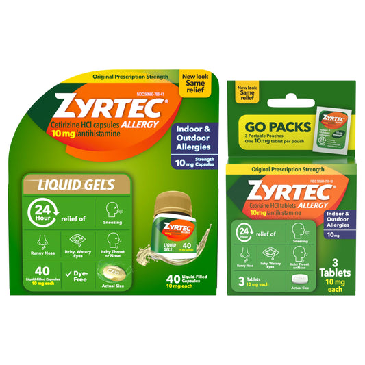 Zyrtec 24 Hour Allergy Relief liquid gel bottle ready for all-day relief.