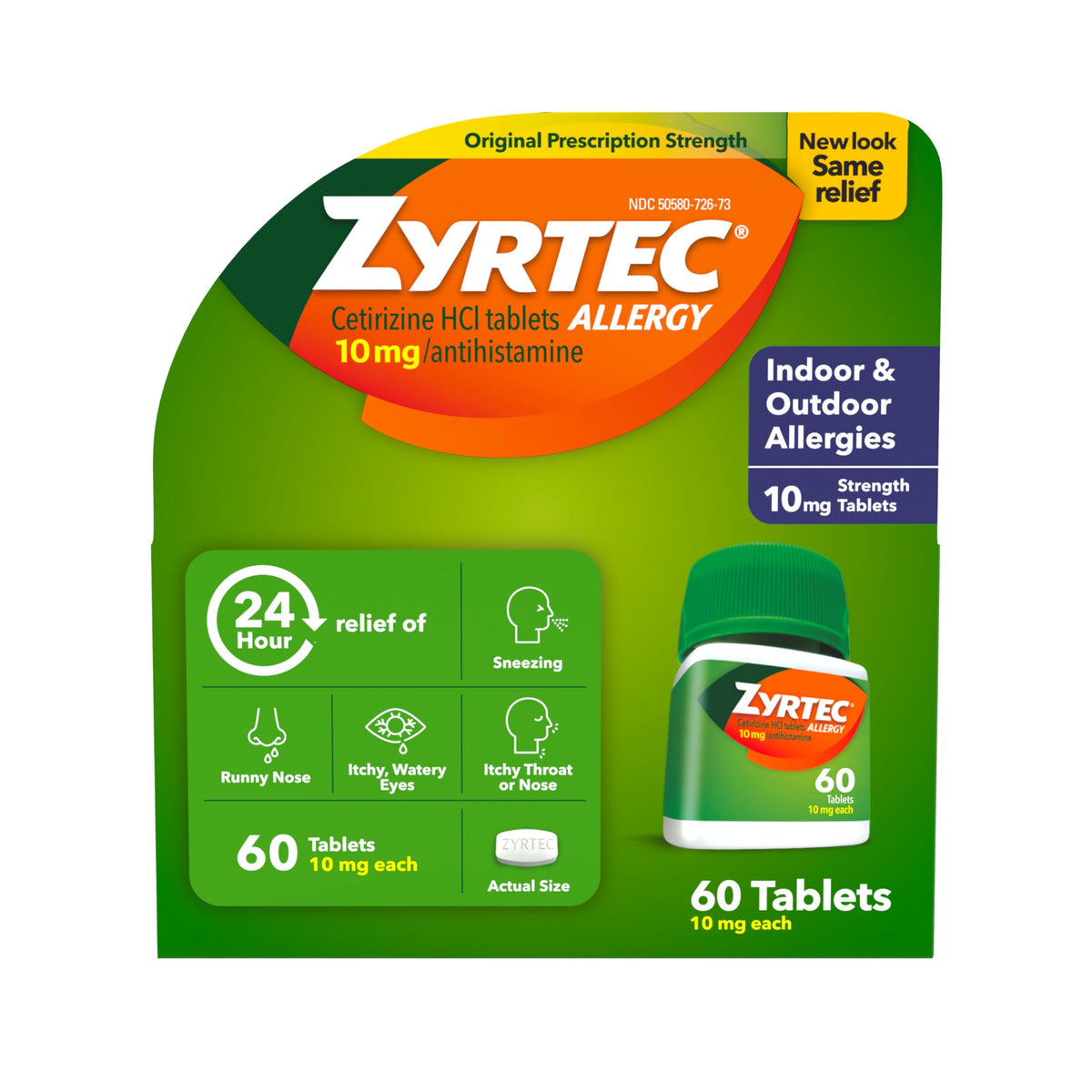 Zyrtec 24-hour allergy relief tablets bottle for all-day comfort