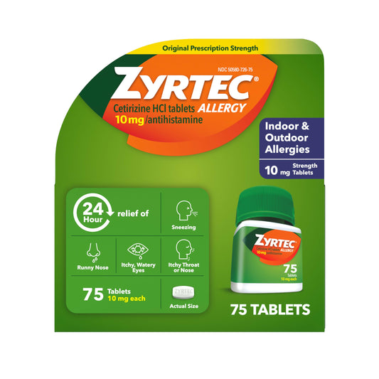 Zyrtec 24-hour allergy tablets in bottle offering non-drowsy, all-day relief from indoor and outdoor triggers.
