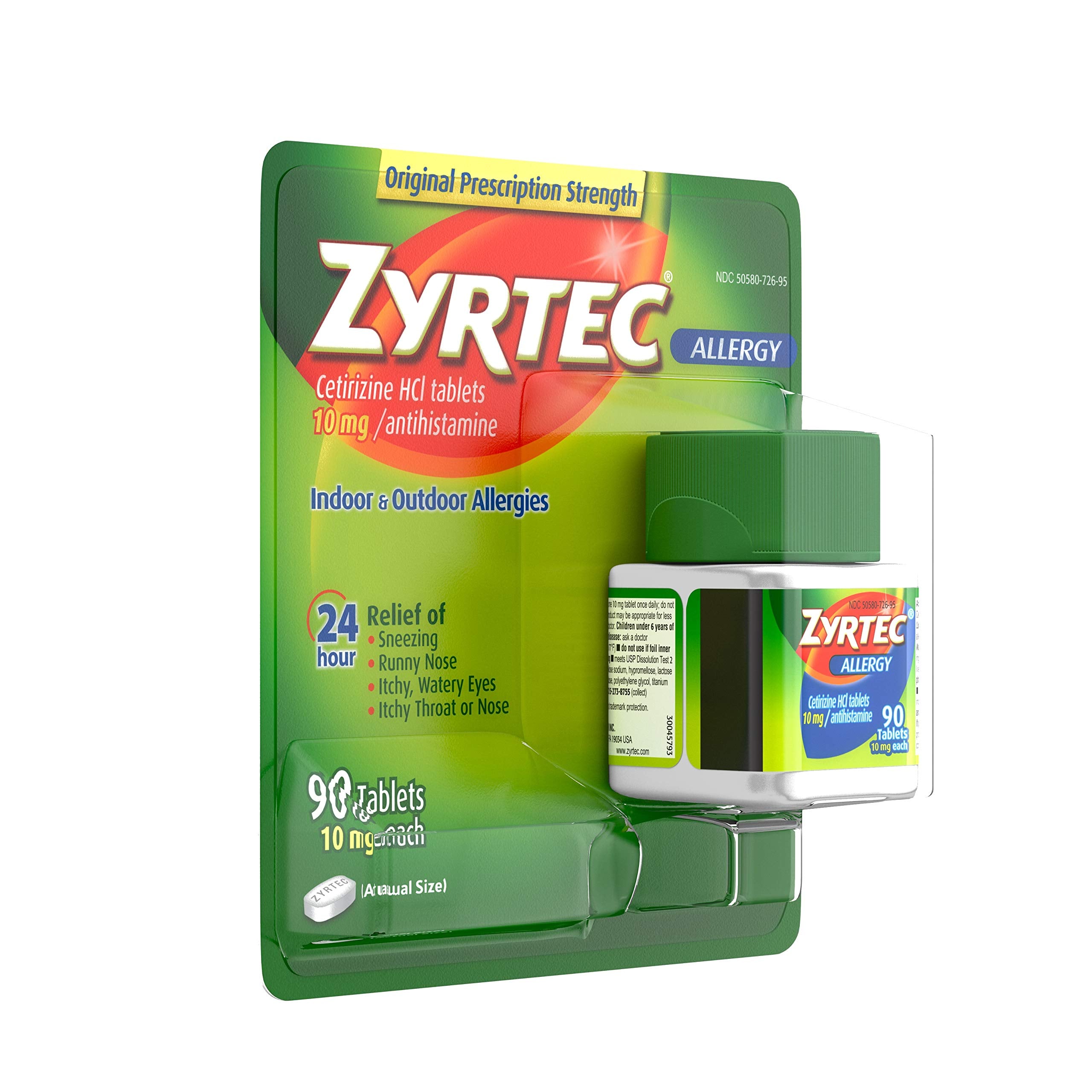 Close-up of Zyrtec label, highlighting 10 mg strength for reliable relief.