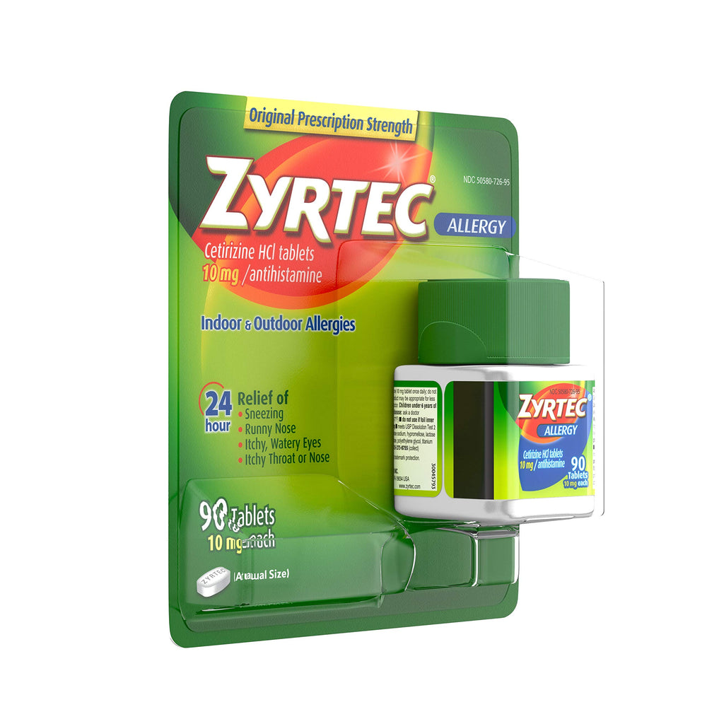 Close-up of Zyrtec label, highlighting 10 mg strength for reliable relief.