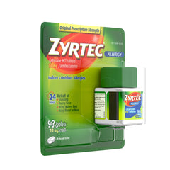 Close-up of Zyrtec label, highlighting 10 mg strength for reliable relief.