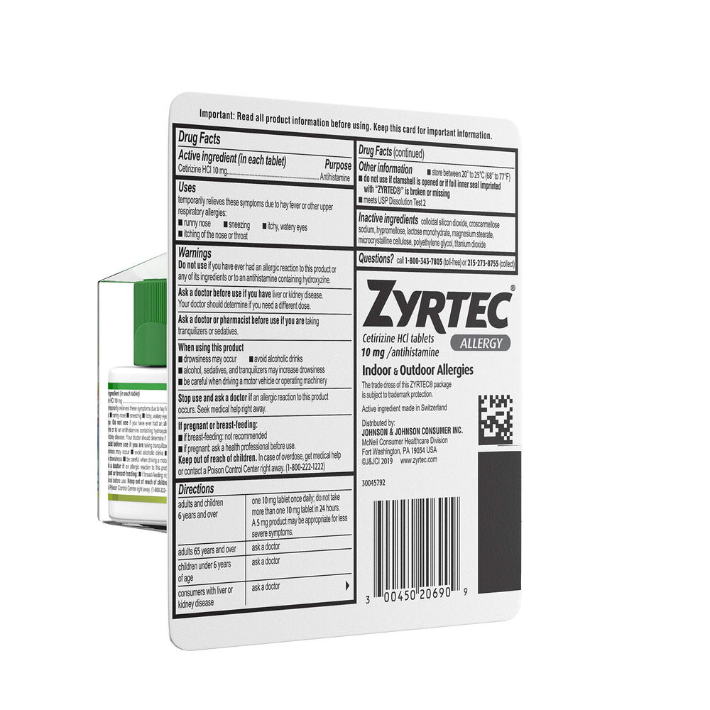 Open packaging of Zyrtec bottle, showing ready-to-use supply.