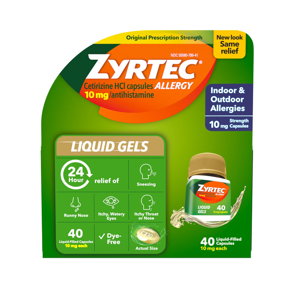 Zyrtec 24-hour allergy liquid gel bottle ready for daily relief