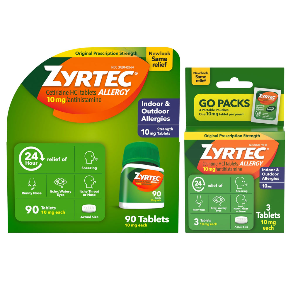 Zyrtec 90-count bottle ready for daily indoor and outdoor allergy relief.