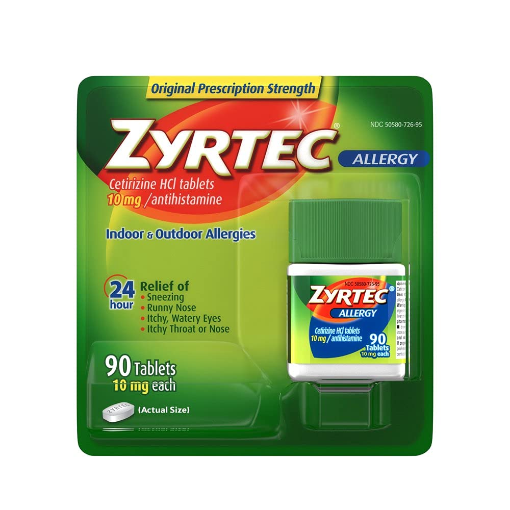 Zyrtec Allergy Relief 10 mg tablets in bottle, may help seasonal allergy symptoms.