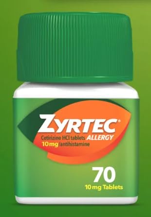 Zyrtec allergy relief tablets bottle and label for easy dosing on busy days