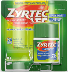 Zyrtec allergy relief tablets box front view for quick recognition of trusted allergy support