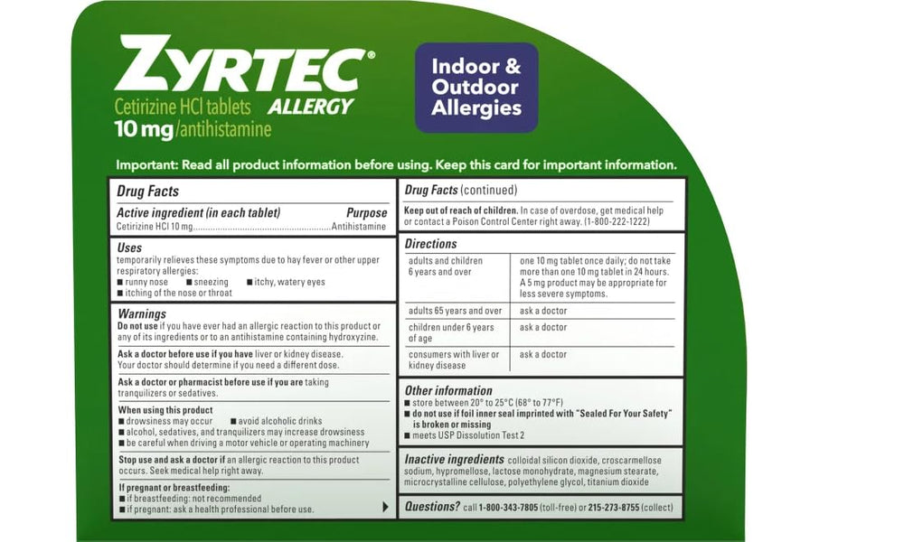 Zyrtec allergy relief tablets packaging inside view showing count and value
