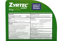 Zyrtec allergy relief tablets packaging inside view showing count and value
