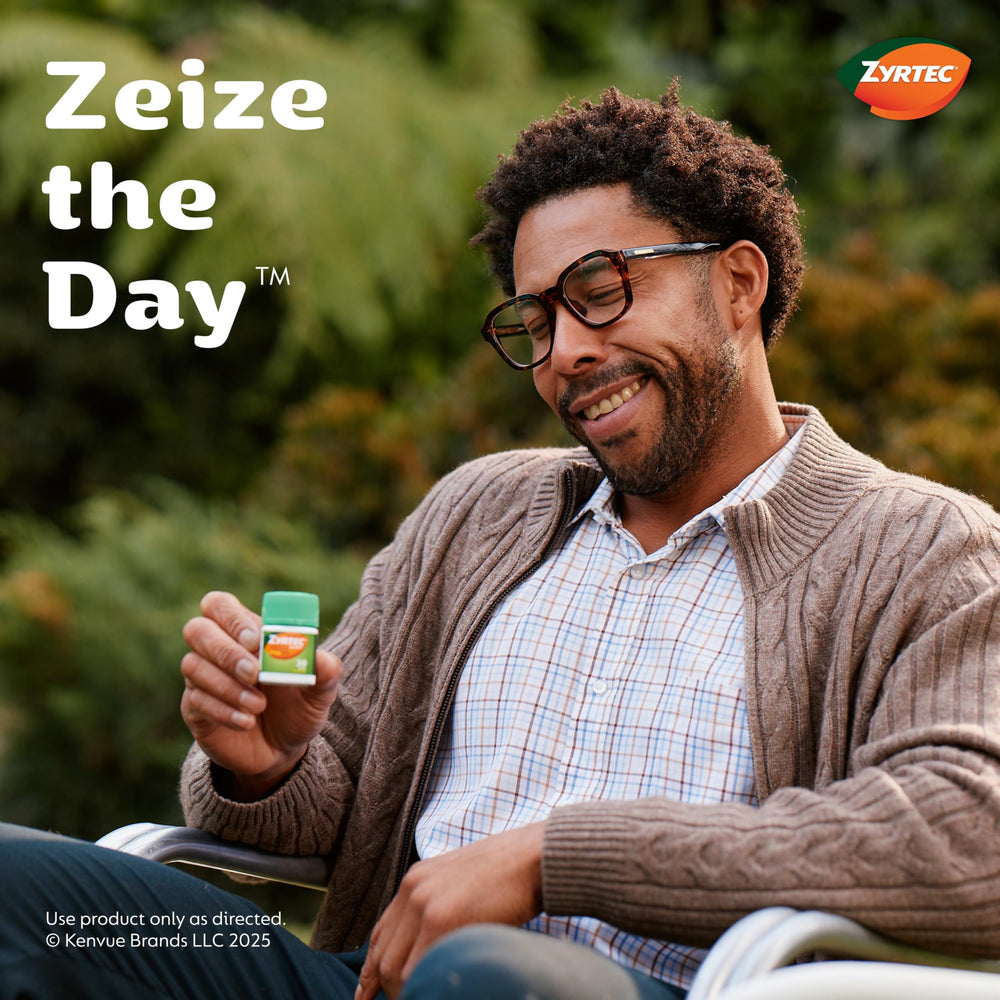 Zyrtec allergy relief tablets on white background suggesting convenient OTC option.