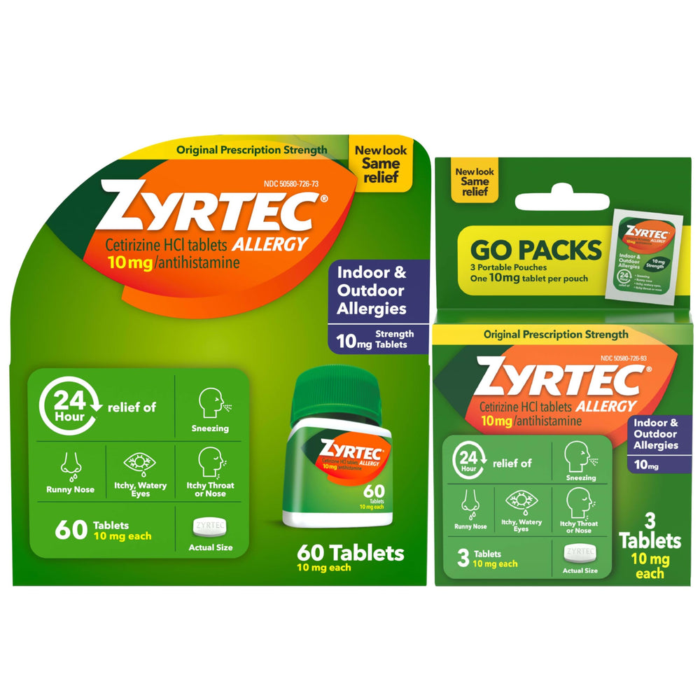 Zyrtec bottle and packaging shown for a complete allergy relief bundle suitable for daily use.