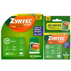 Zyrtec bottle and packaging shown for a complete allergy relief bundle suitable for daily use.