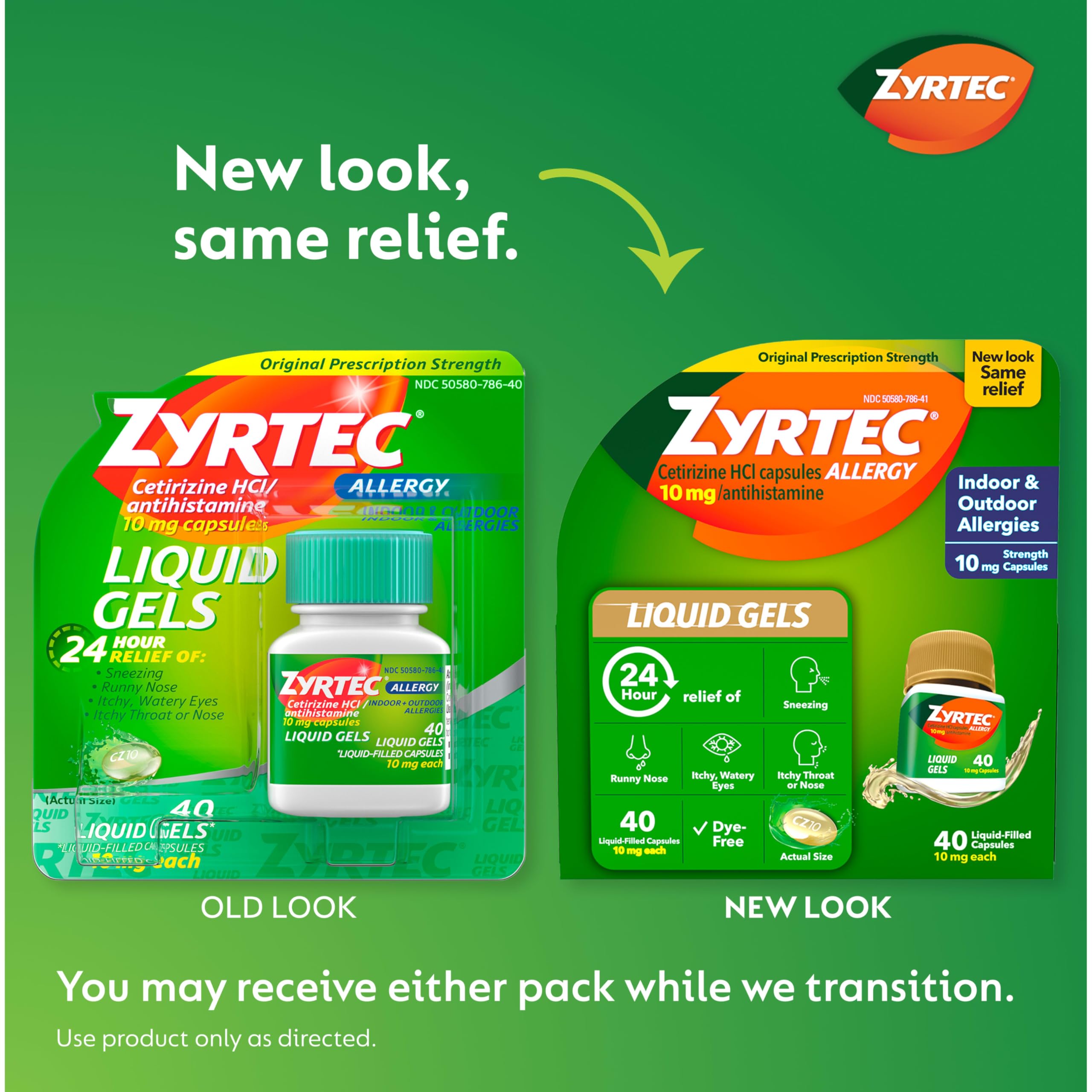 Close-up of Zyrtec cetirizine HCl 10 mg capsule.