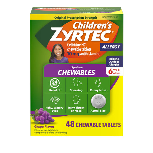 Zyrtec Children dye-free grape chewables bottle front offering all-day relief