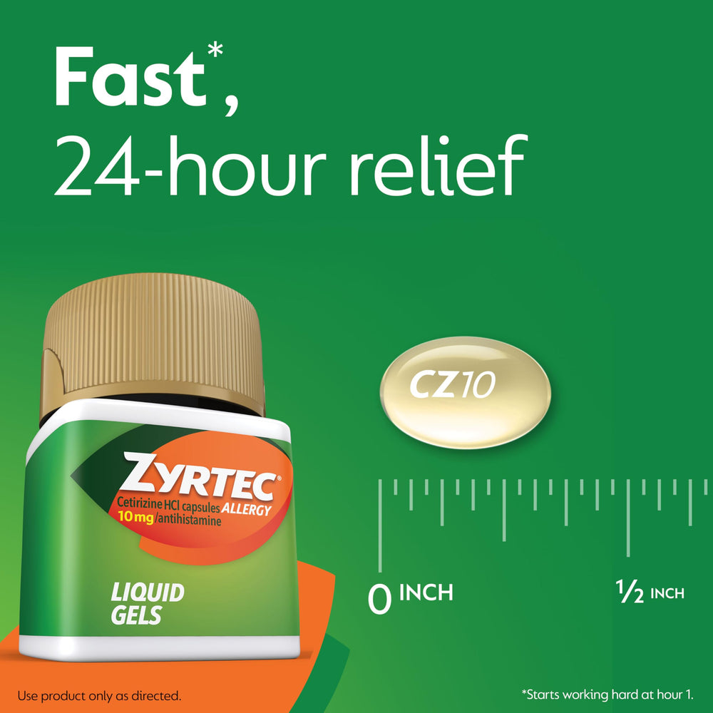 Pouring Zyrtec bottle to show easy-dose liquid gel capsules.