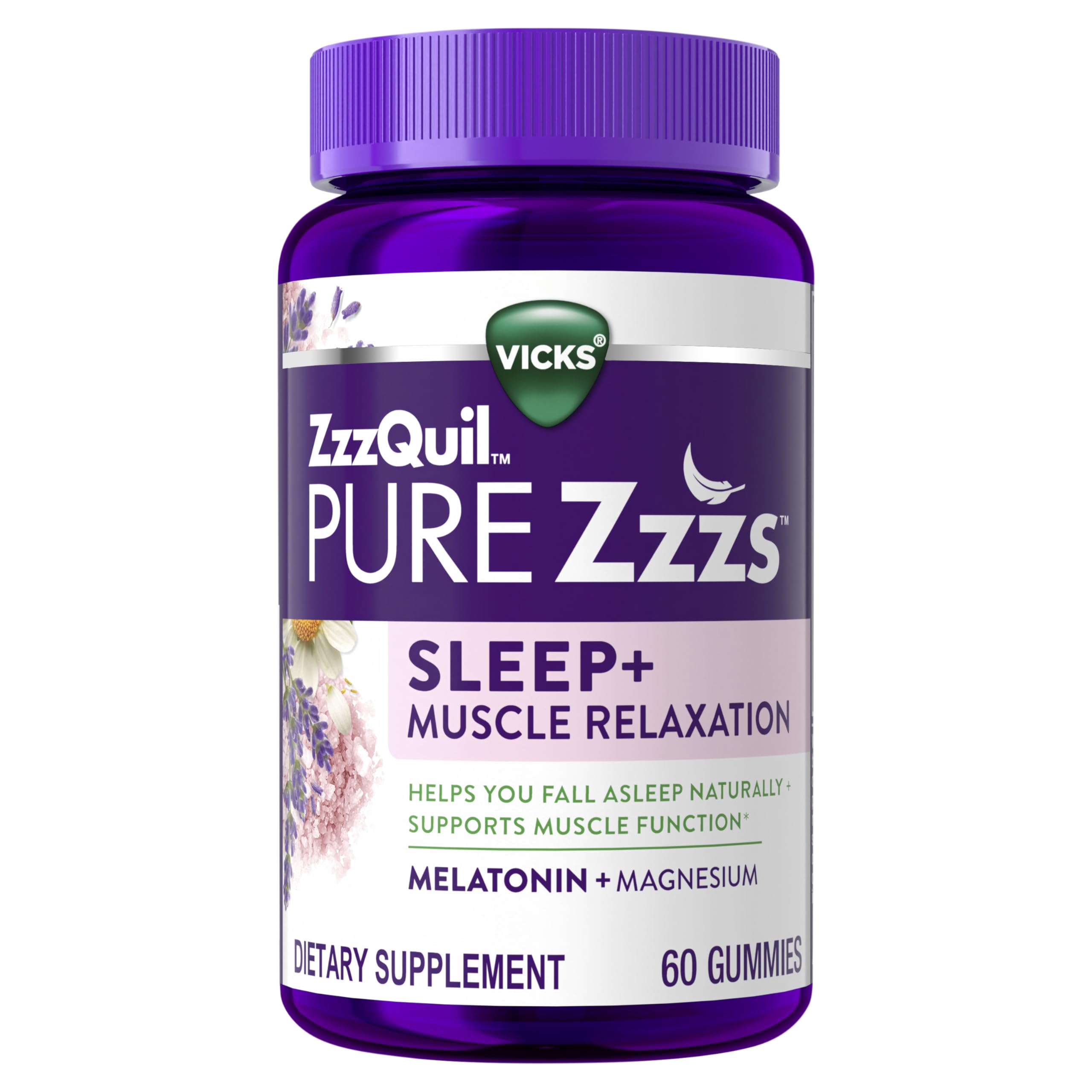 ZzzQuil PURE Zzzs gummies bottle promotes nighttime relaxation and supports healthy muscle function.