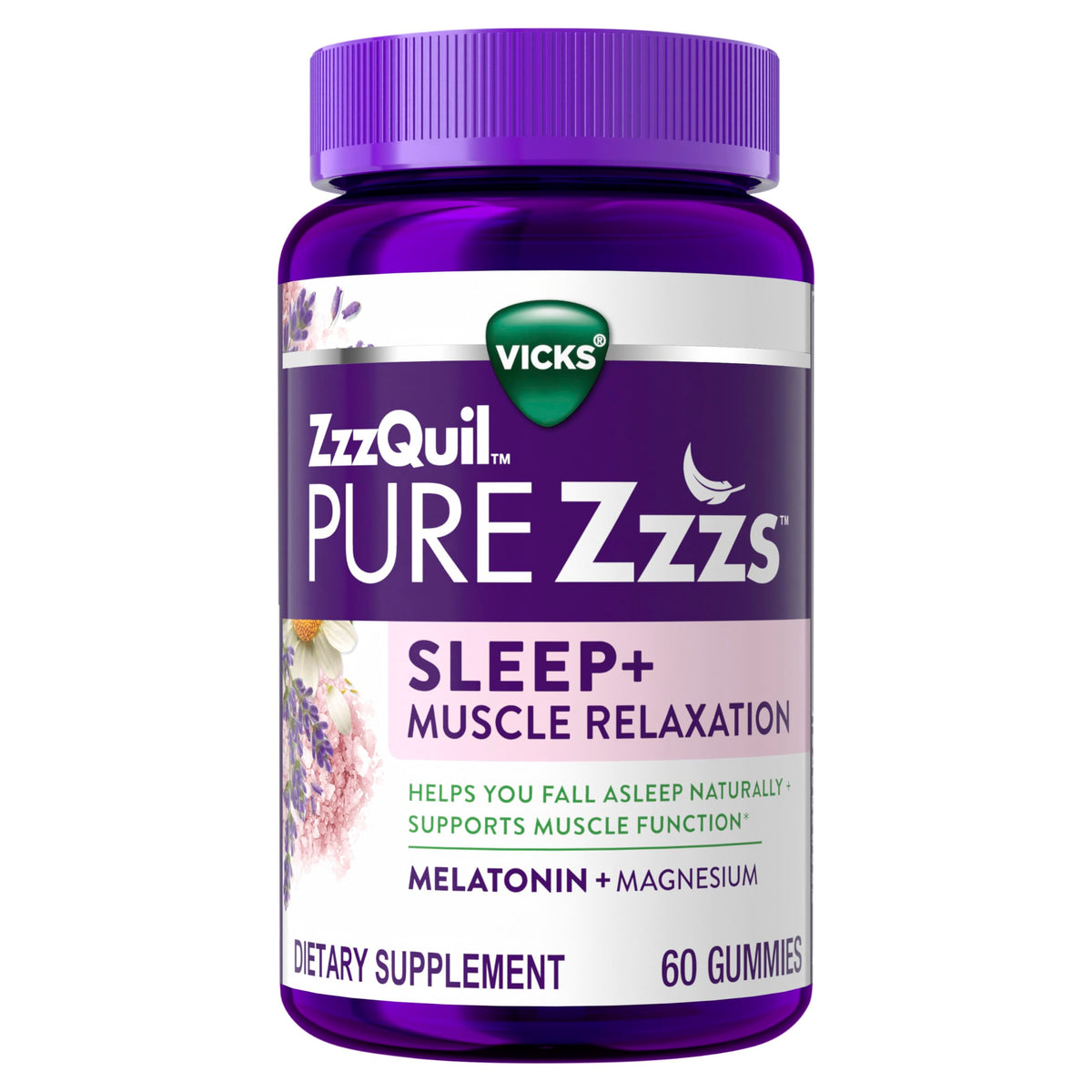 ZzzQuil PURE Zzzs gummies bottle promotes nighttime relaxation and supports healthy muscle function.