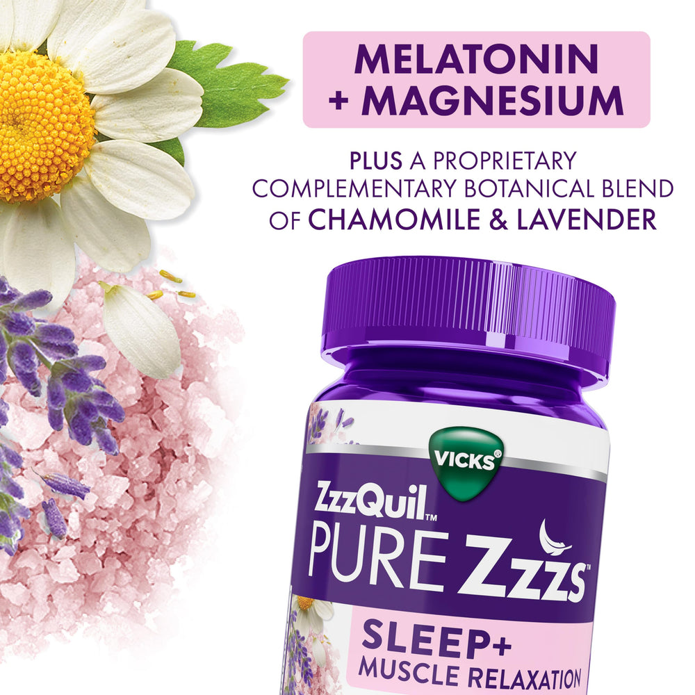 Chamomile and lavender botanicals pictured with the gummies.