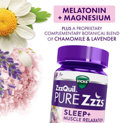 Chamomile and lavender botanicals pictured with the gummies.