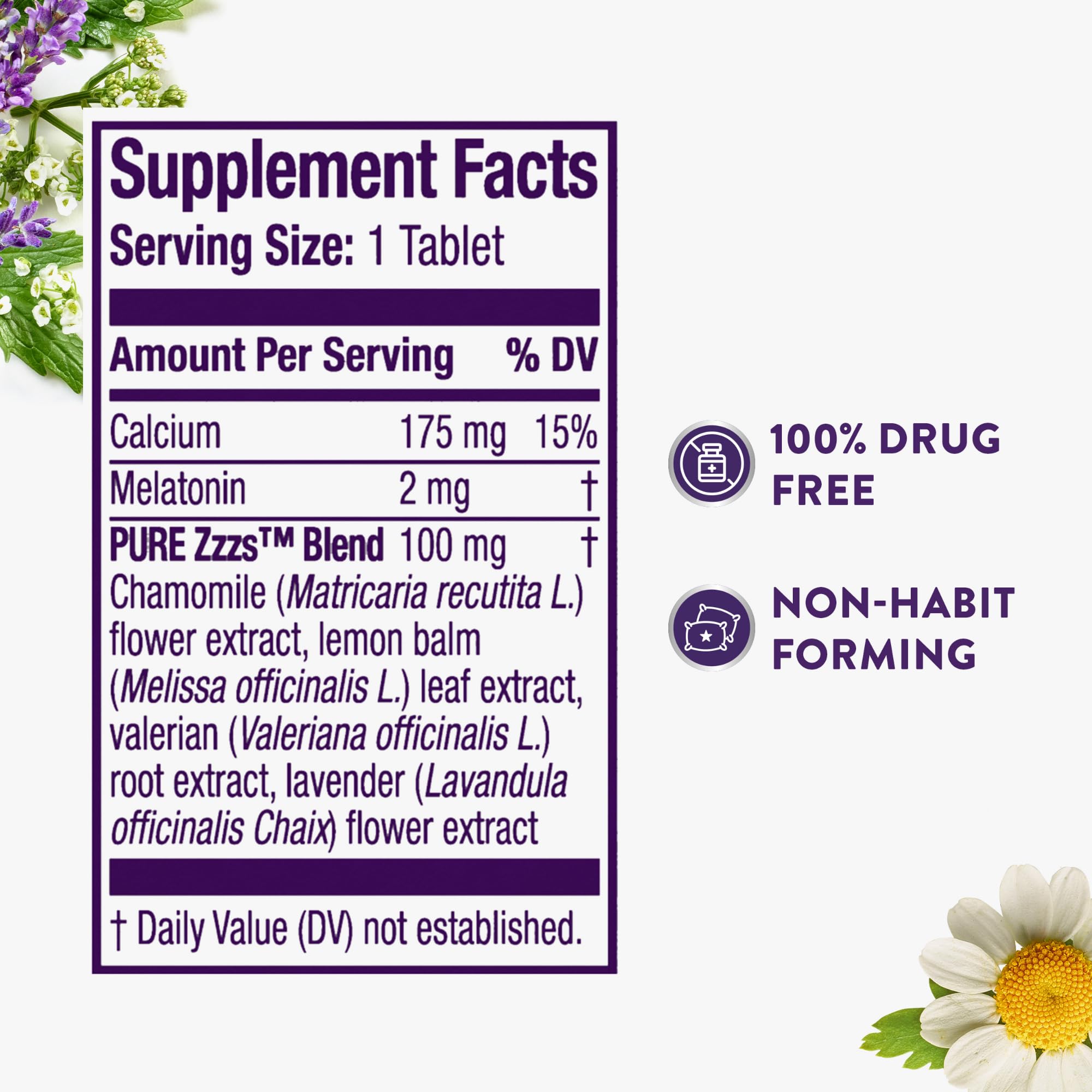 ZzzQuil Pure Zzzs All Night label closeup shows 2 mg melatonin blend