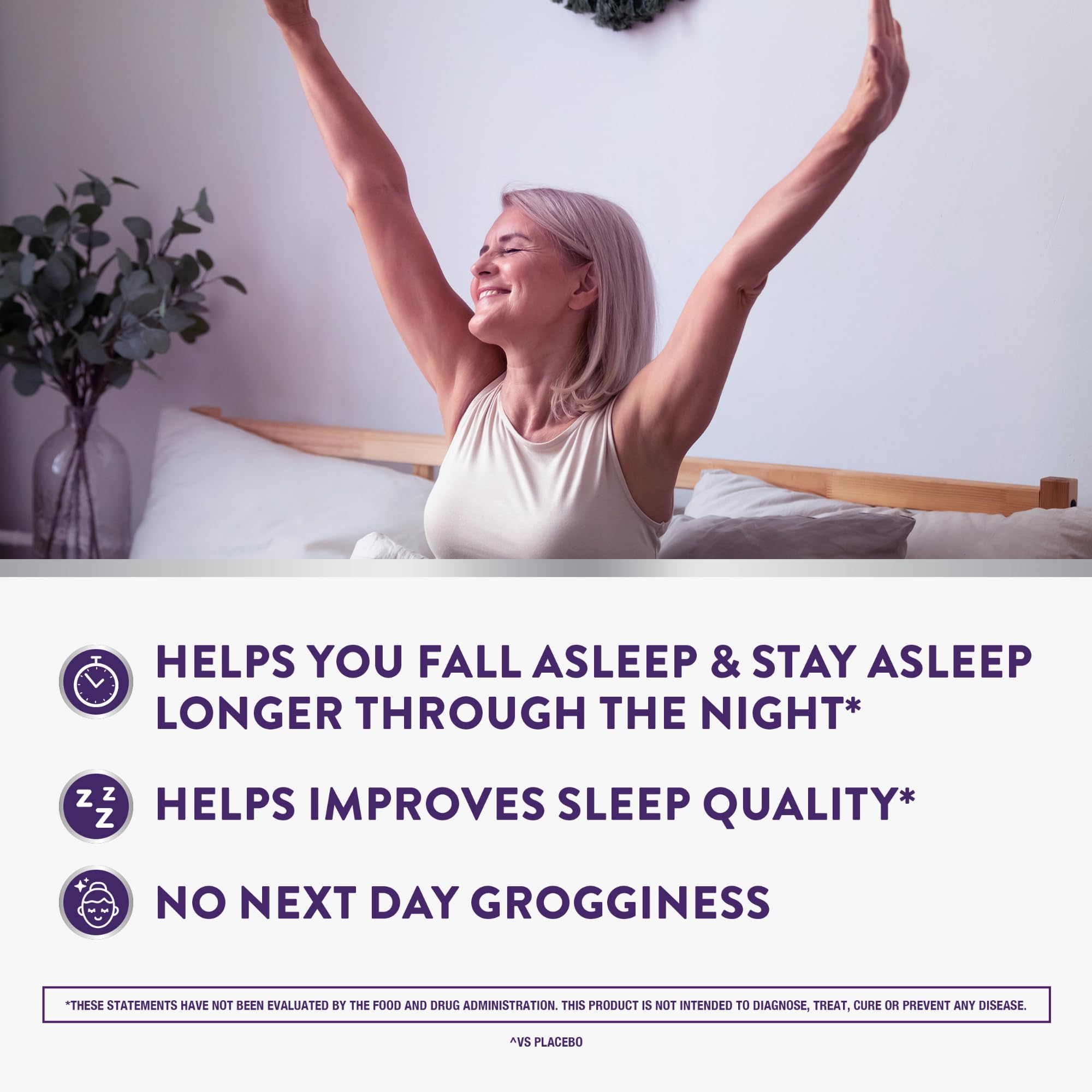 ZzzQuil Pure Zzzs All Night tablets closeup highlighting the bi-layer formula
