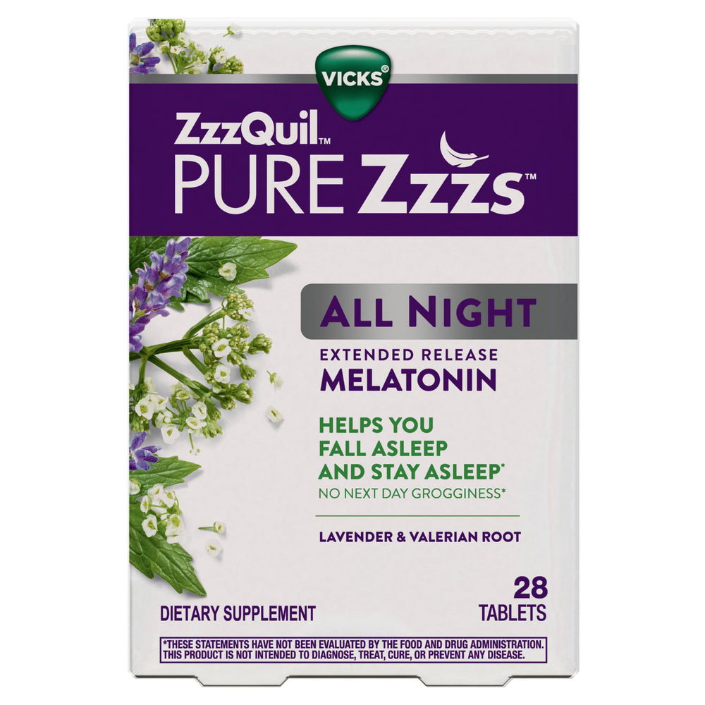 ZzzQuil Pure Zzzs All Night pills in a travel-friendly pouch for on-the-go sleep support