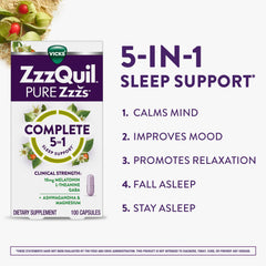 ZzzQuil PURE Zzzs capsules close-up featuring melatonin and calming ingredients.