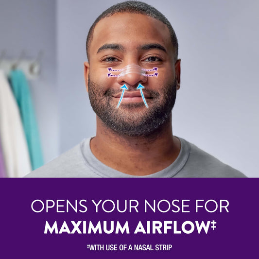 ZzzQuil Sleep Nasal Strips four-point pull design opens nasal passages.