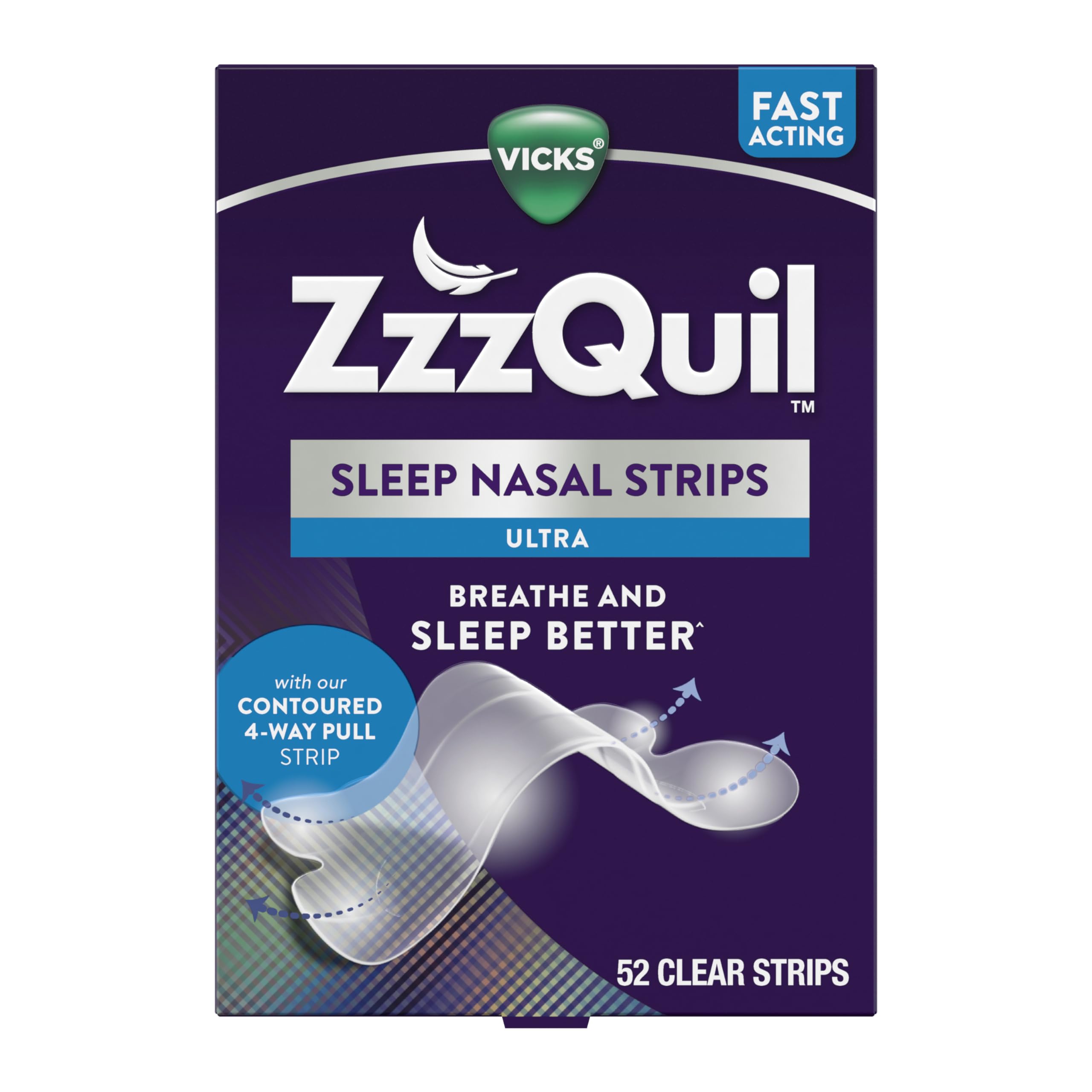 ZzzQuil Sleep Nasal Strips clear nose for easier nighttime breathing.