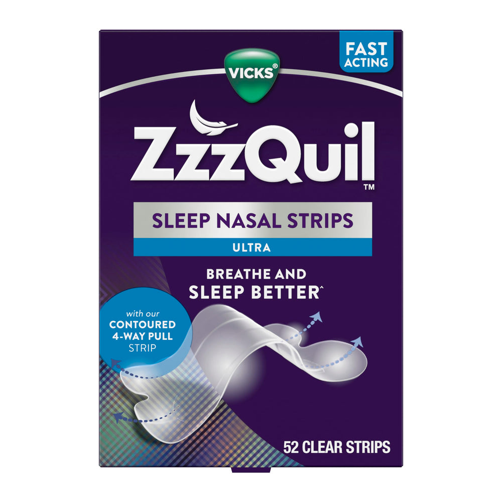 ZzzQuil Sleep Nasal Strips clear nose for easier nighttime breathing.