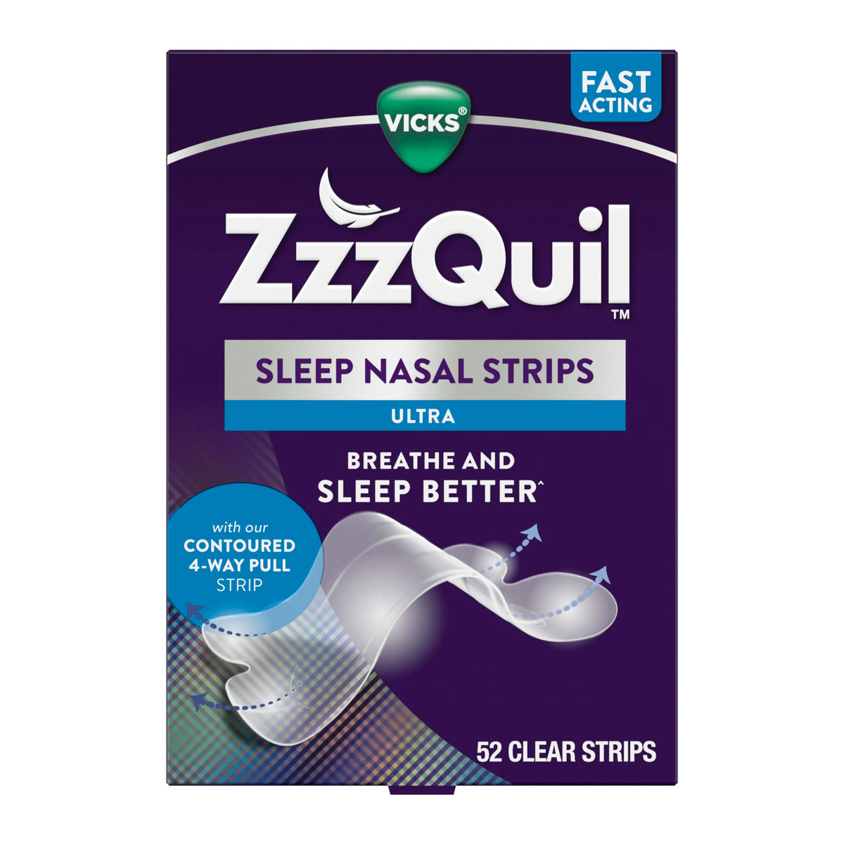 ZzzQuil Sleep Nasal Strips clear nose for easier nighttime breathing.