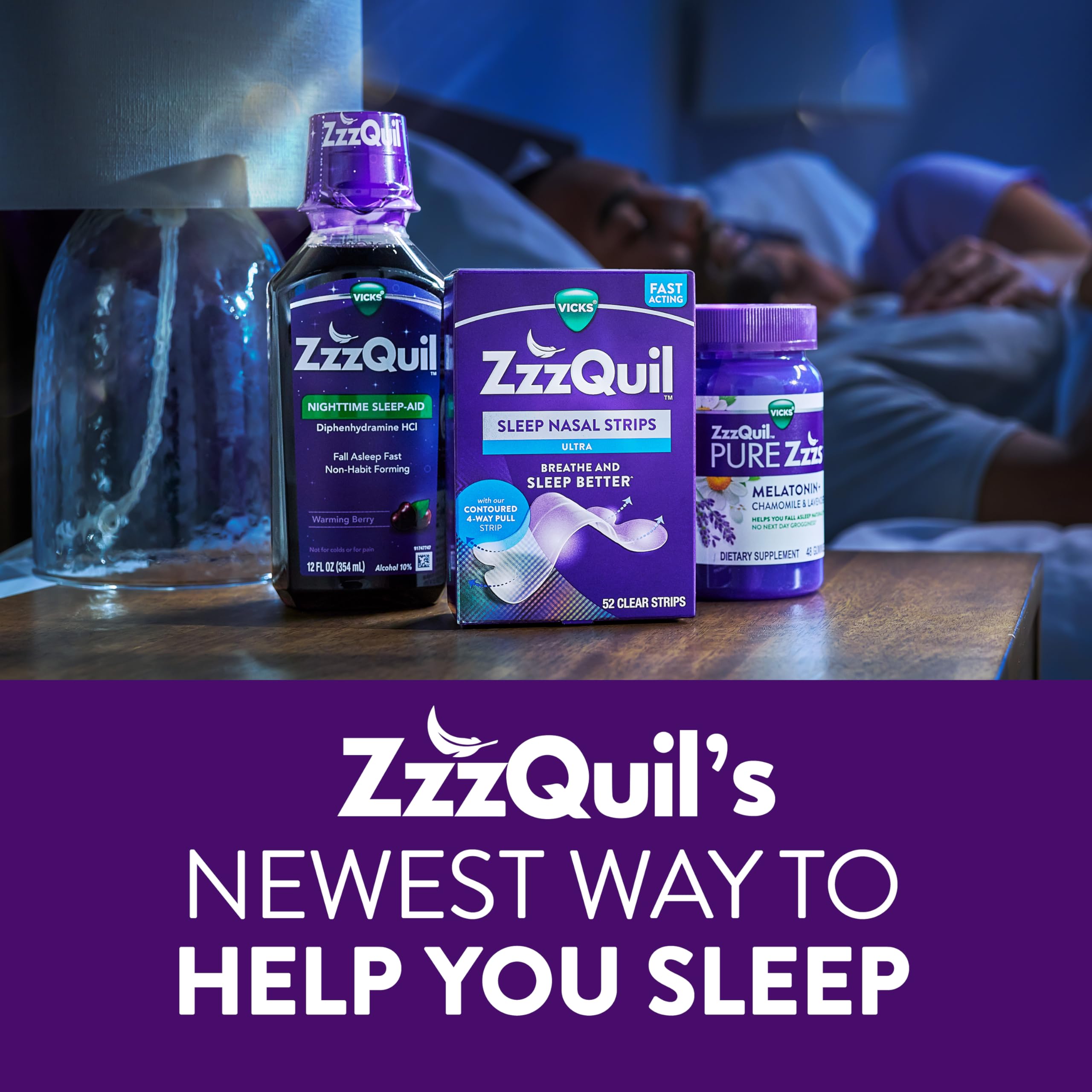 ZzzQuil Sleep Nasal Strips fit securely on the nose for sleep.